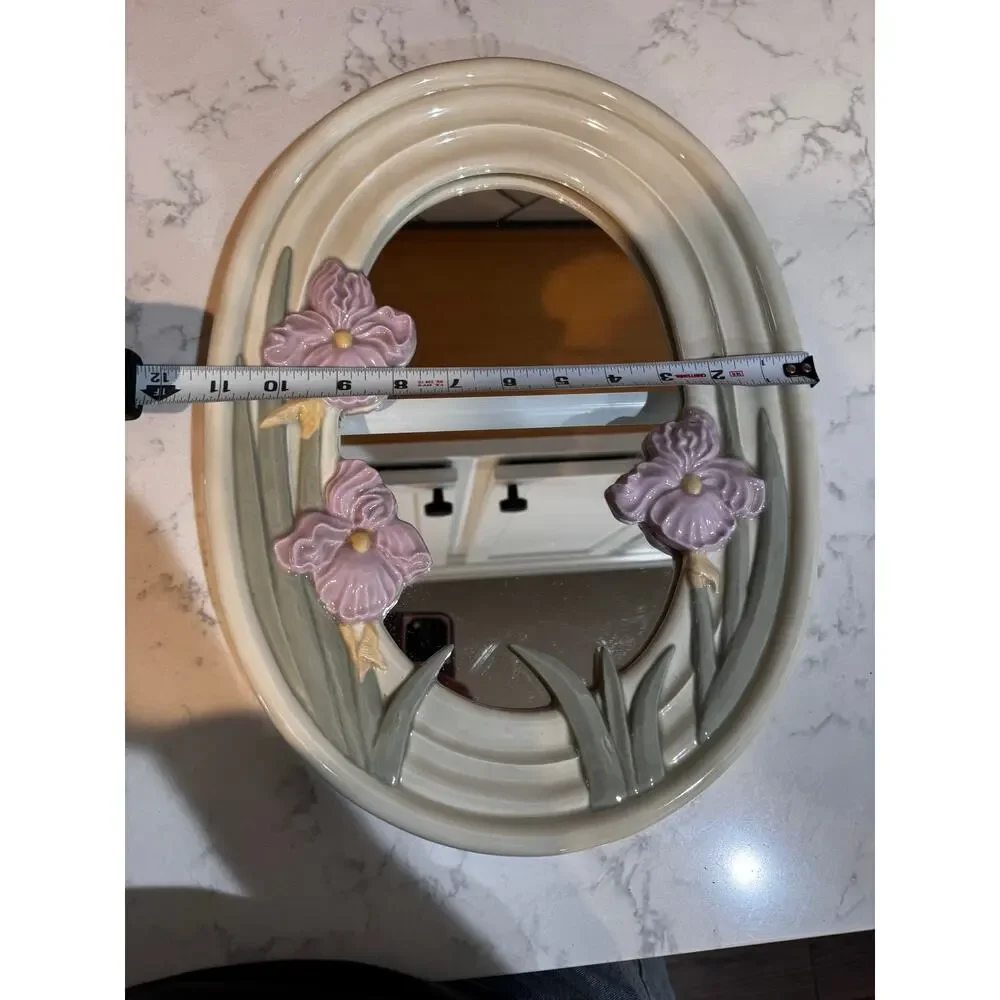 Rare ceramic wall mirror glossy cream finish 3D pink iris flowers green leaves